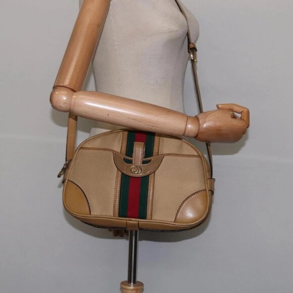 GUCCI Web Sherry Line Shoulder Bag Canvas Leather Beige Gold Auth BA5901 - Picture 3 of 16